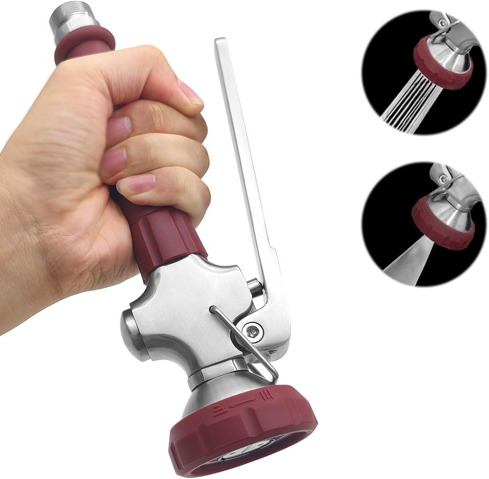 Hand holding the spray head, lever clip and two spray patterns visible