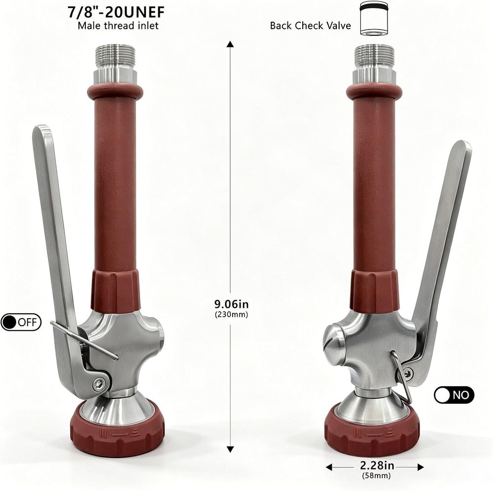 Dimensioned product photo: 7/8 inch-20 UNEF male thread inlet, 9.06 inch overall length, back check valve